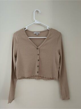 gaze Ribbed V-Neck Button-Front Cropped Cardigan - Beige
